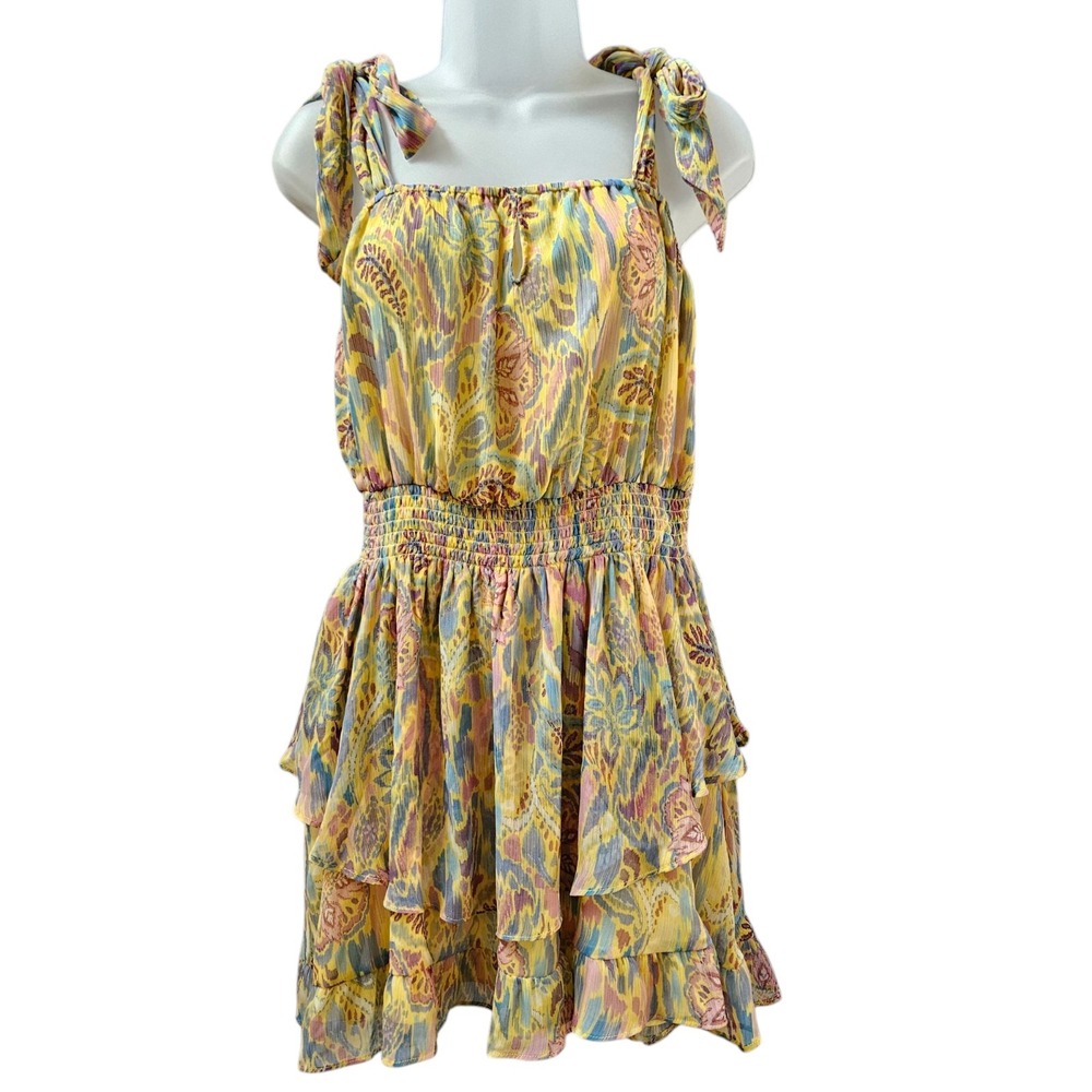 Ramy Brook Dress M Frankie Sun‎ Kiss Ikat Flower Print Mini Ruffled Tie Shoulder